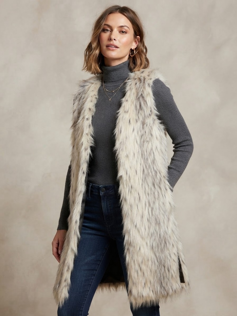 C&C California Faux Fur Long Vest in Snowy Leopard Print - Size Medium